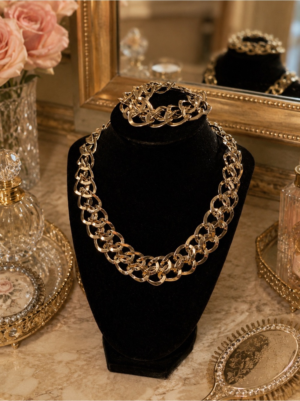 Elegant Chunky Silver Tone Chain Necklace and Bracelet Set